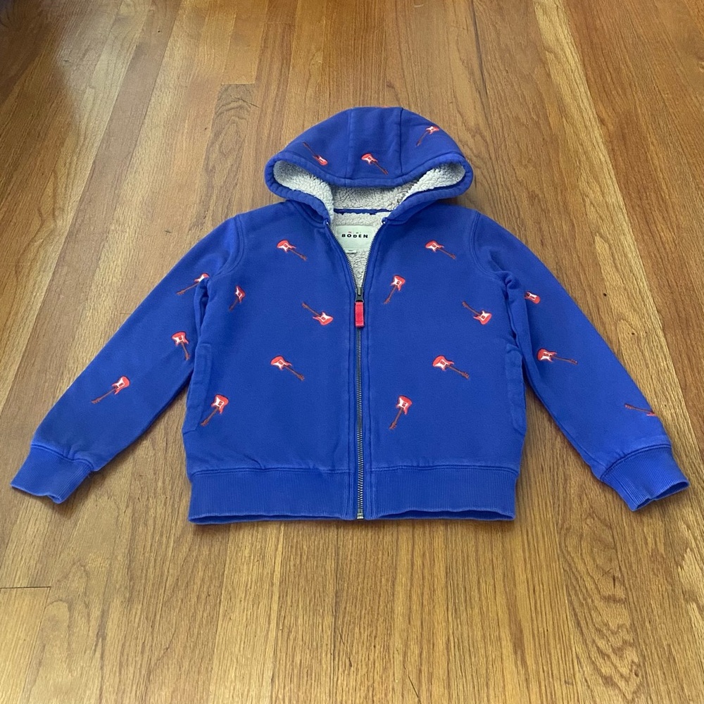 Mini Boden Blue Hooded Zip Sweatshirt with Red Embroidered Guitar Motif
